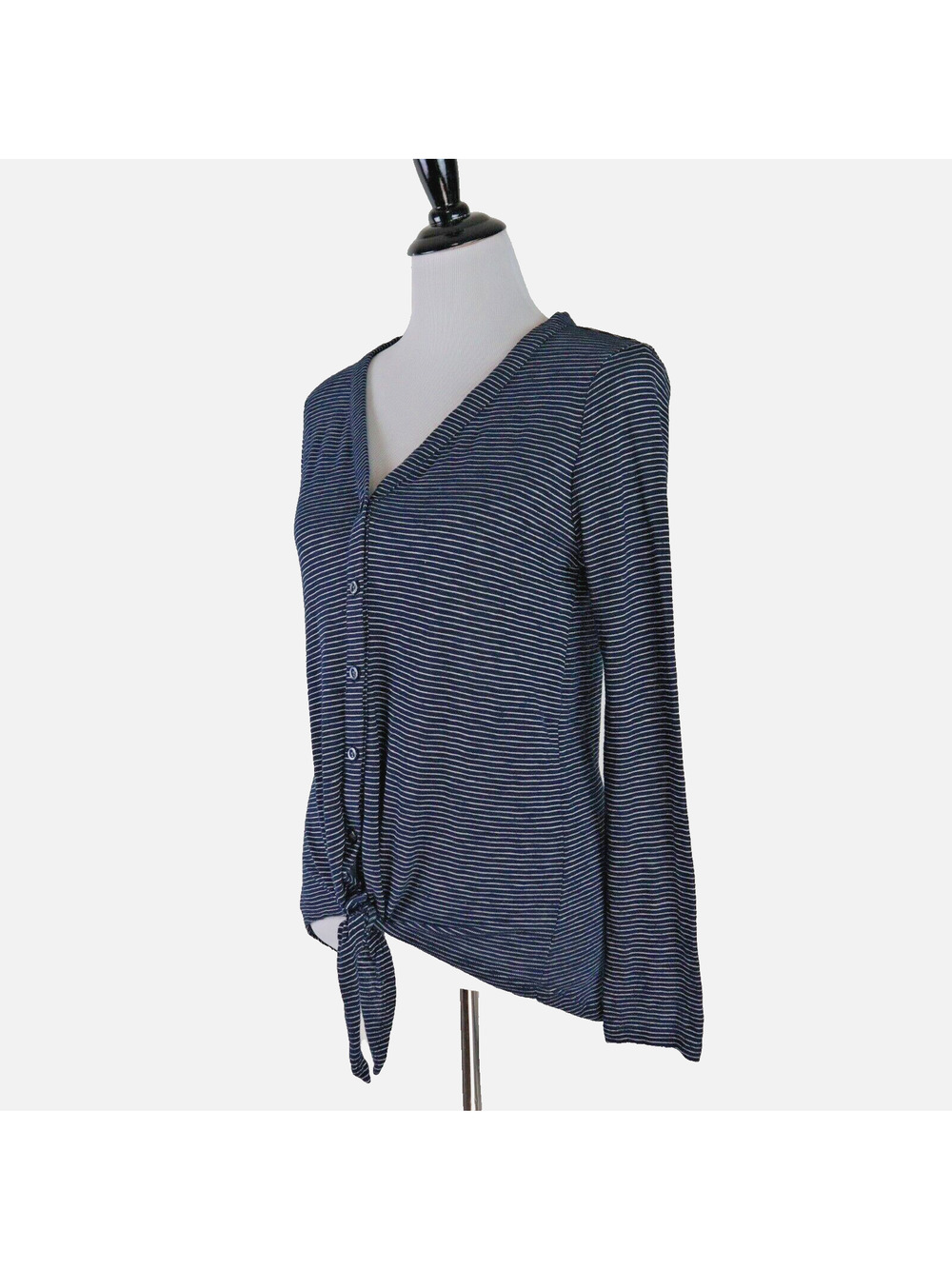 Loft Size M Tie Front Button Down Top Long Sleeve Striped Blue White